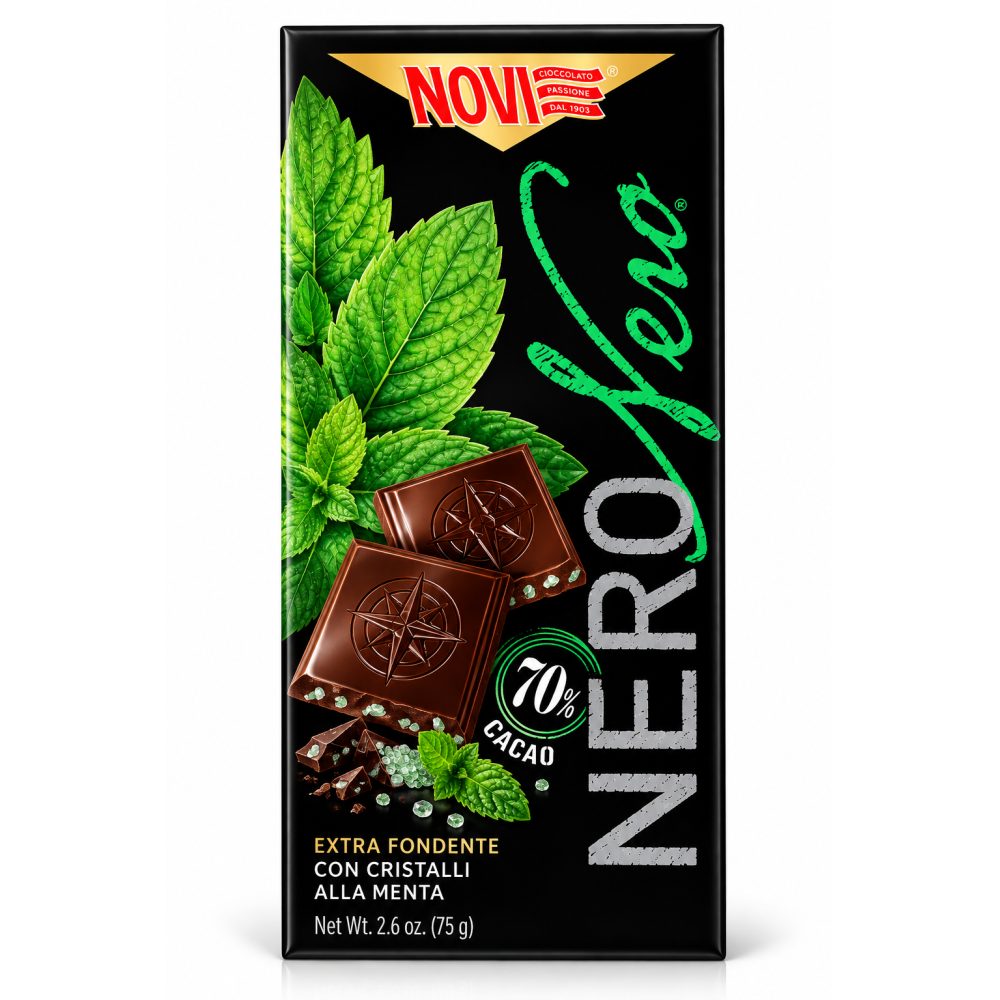 Novi nero čokoláda 70% s krystali máty 75g