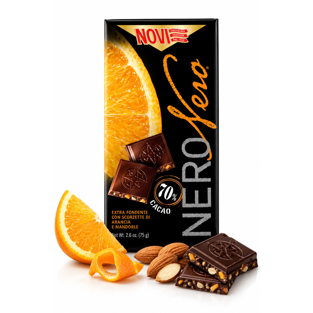 Novi nero čokoláda 70% s pomerančem a mandlemi 75g
