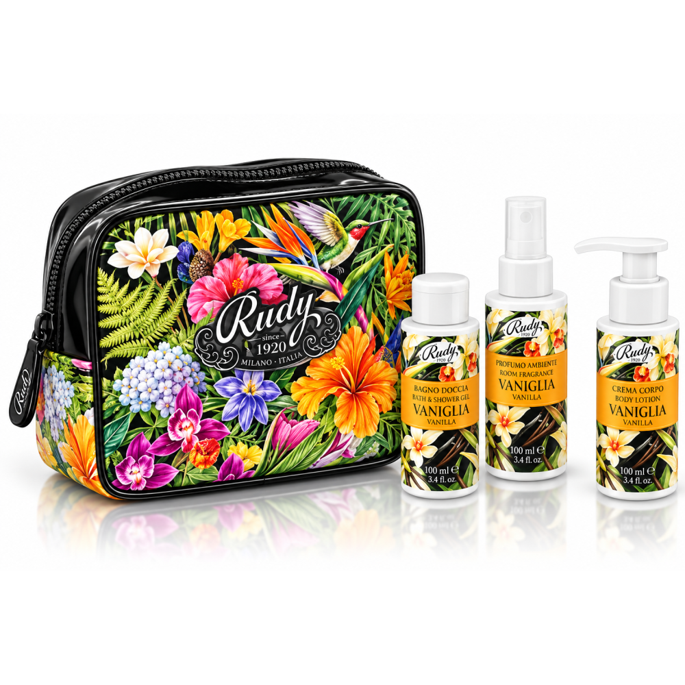 Rudy dárková sada v kosmetické tašce vanilka sprchový gel+parfemovaný sprej+tělový krém 3x100 ml