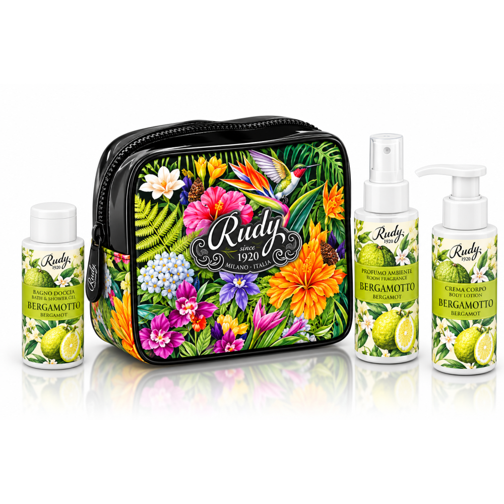 Rudy dárková sada v kosmetické tašce bergamot sprchový gel+parfemovaný sprej+tělový krém 3x100 ml