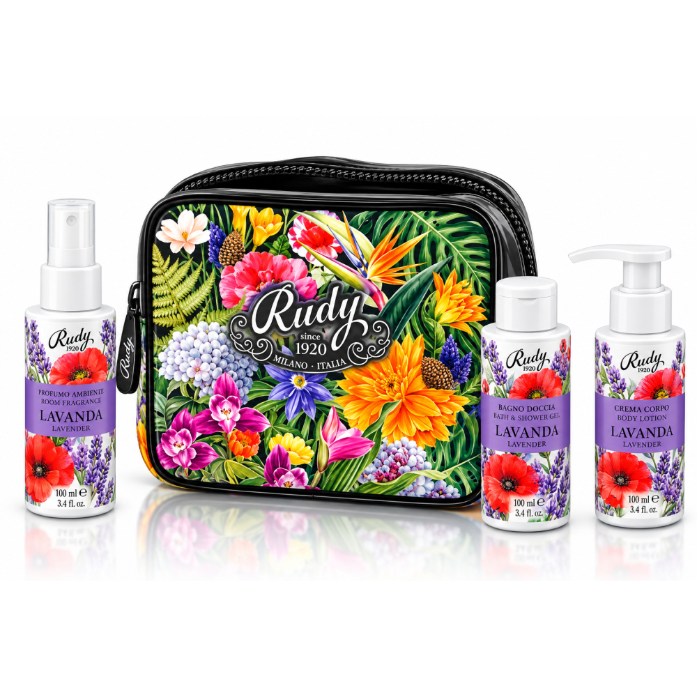 Rudy dárková sada v kosmetické tašce levandule sprchový gel+parfemovaný sprej+tělový krém 3x100 ml